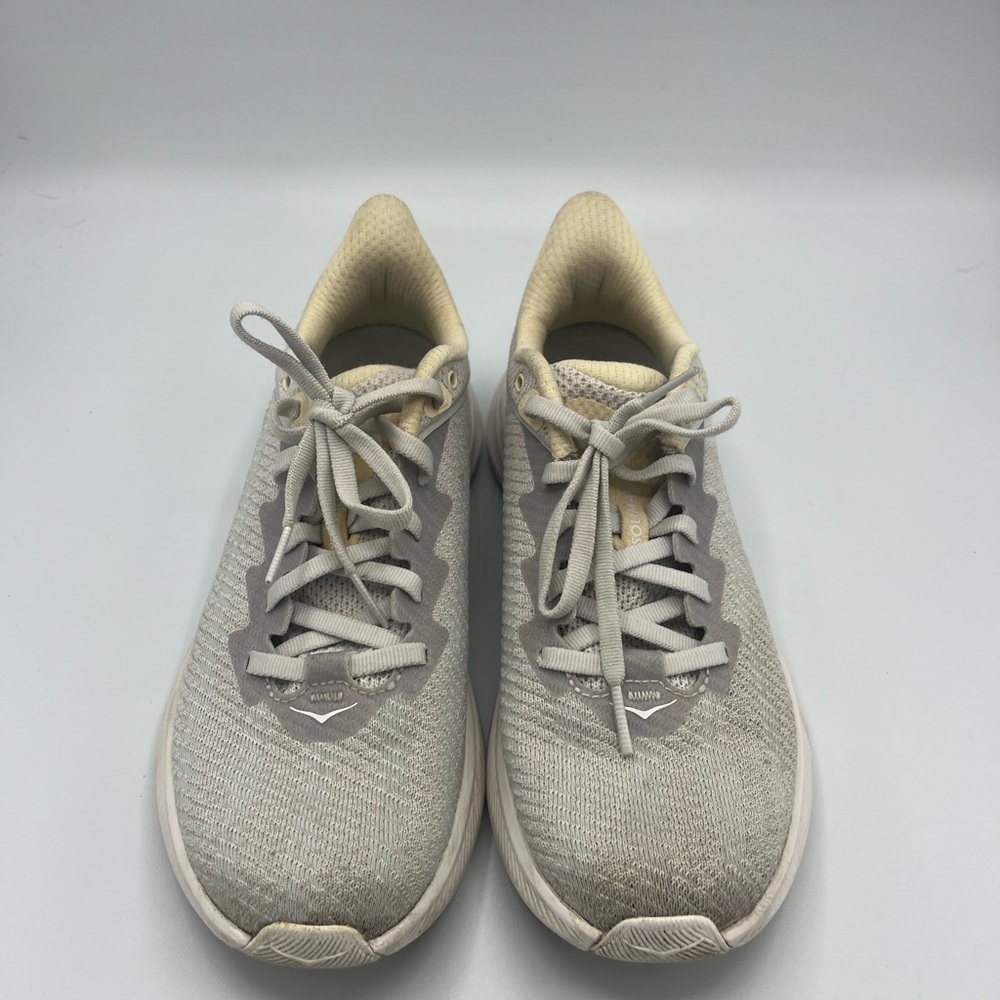 Hoka One One Gray Cream Athletic Shoes with Cushioned Design - Picture 2 of 7